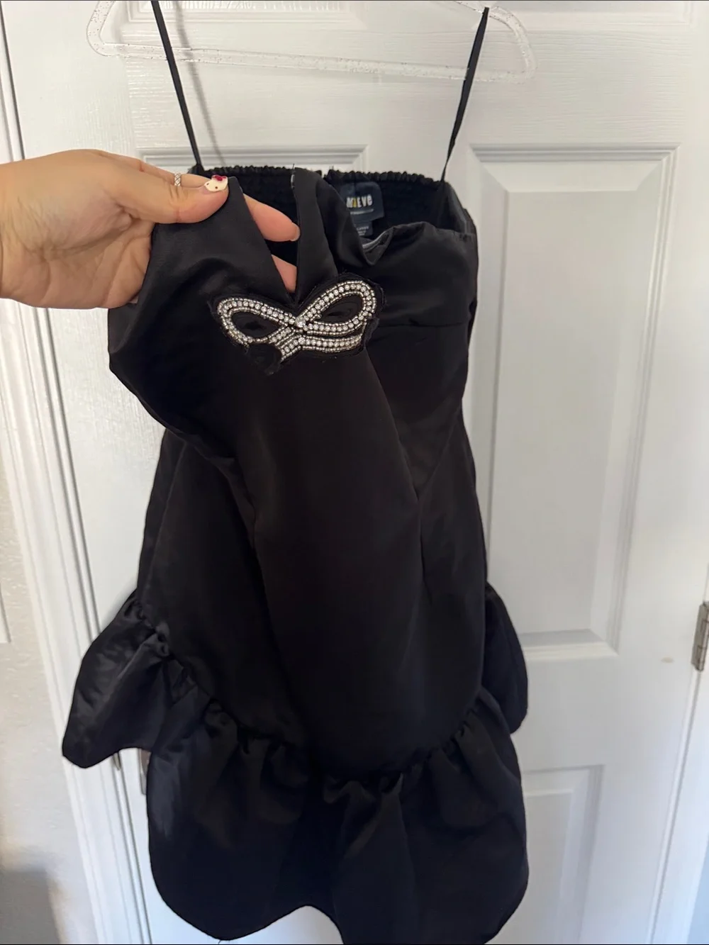 Anthropologie Black Satin Mini Dress with Beaded Bow Accent
